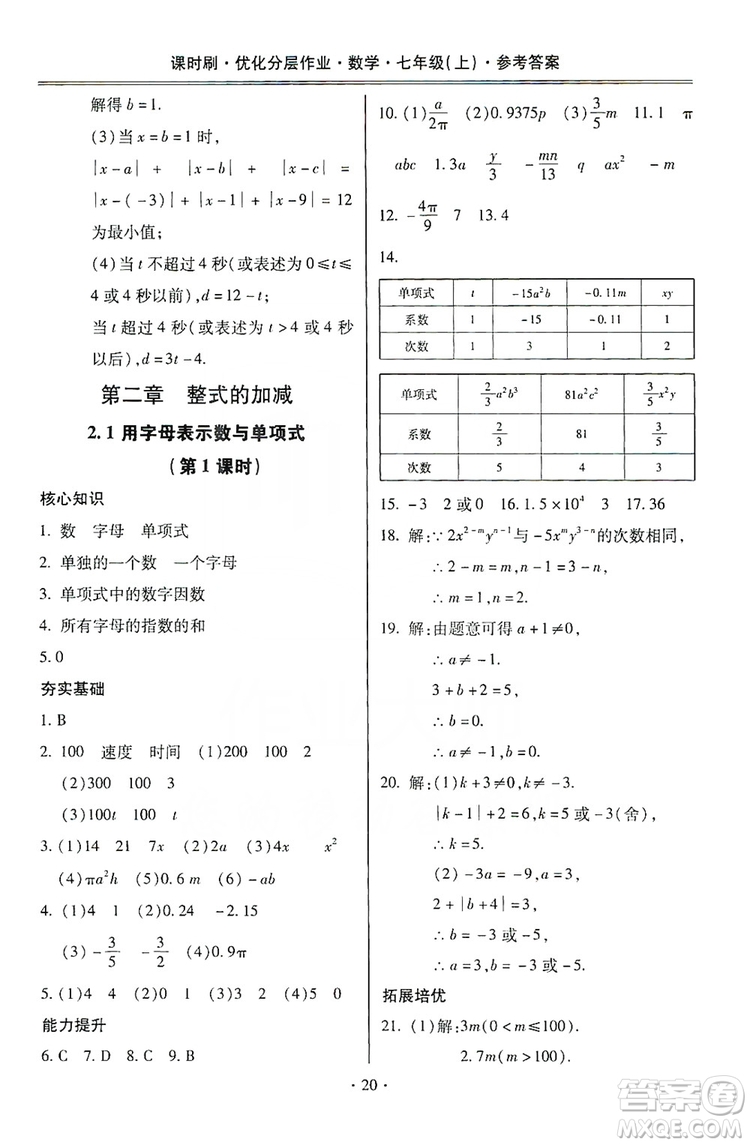 馳逐文化2019課時刷優(yōu)化分層作業(yè)7年級數(shù)學上冊答案