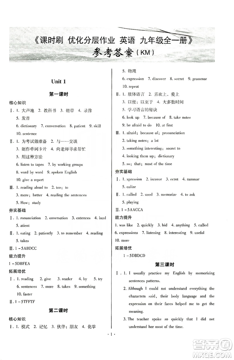 馳逐文化2019課時刷優(yōu)化分層作業(yè)九年級英語全一冊昆明專版答案