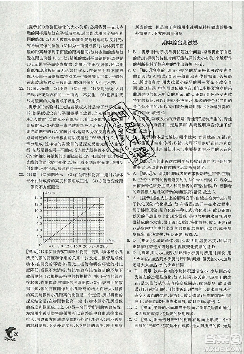 江蘇人民出版社春雨教育2019秋實(shí)驗(yàn)班提優(yōu)訓(xùn)練八年級(jí)物理上冊JSKJ蘇教版參考答案