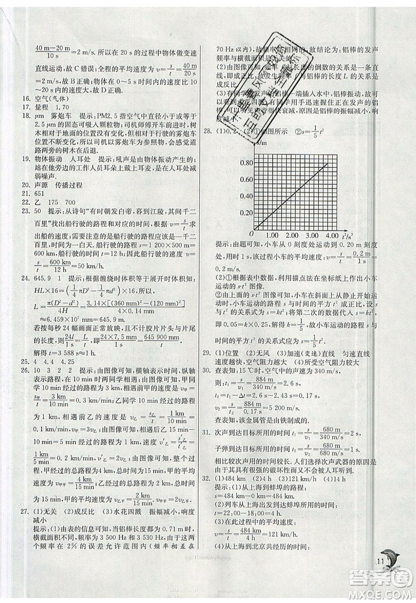 江蘇人民出版社春雨教育2019秋實(shí)驗(yàn)班提優(yōu)訓(xùn)練八年級(jí)物理上冊(cè)SHKJ滬科版參考答案