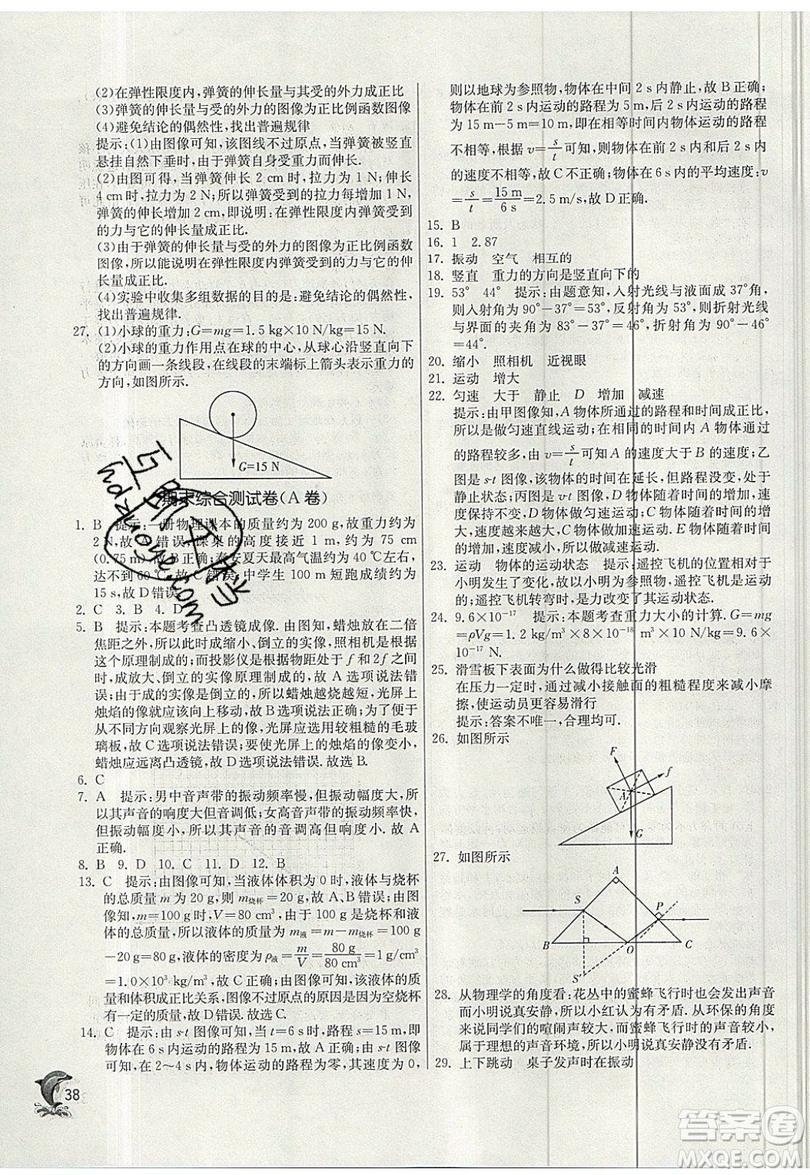 江蘇人民出版社春雨教育2019秋實(shí)驗(yàn)班提優(yōu)訓(xùn)練八年級(jí)物理上冊(cè)SHKJ滬科版參考答案