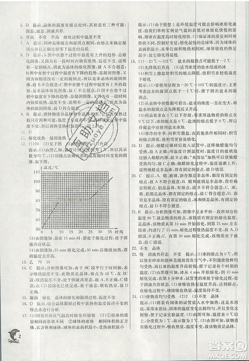 江蘇人民出版社春雨教育2019秋實驗班提優(yōu)訓(xùn)練八年級物理上冊BSD北師大版參考答案