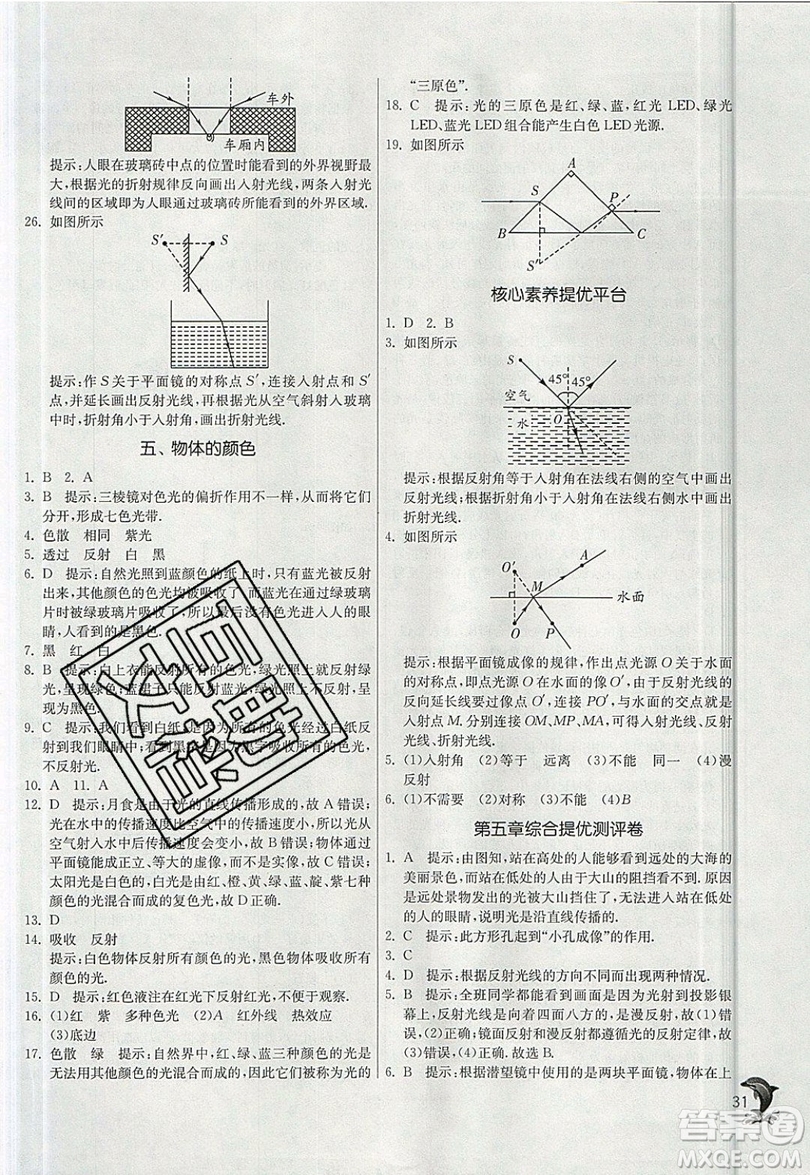 江蘇人民出版社春雨教育2019秋實驗班提優(yōu)訓(xùn)練八年級物理上冊BSD北師大版參考答案