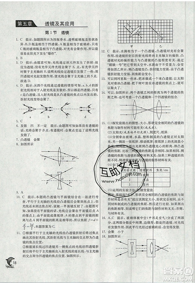 江蘇人民出版社春雨教育2019秋實驗班提優(yōu)訓練八年級物理上冊RMJY人教版參考答案