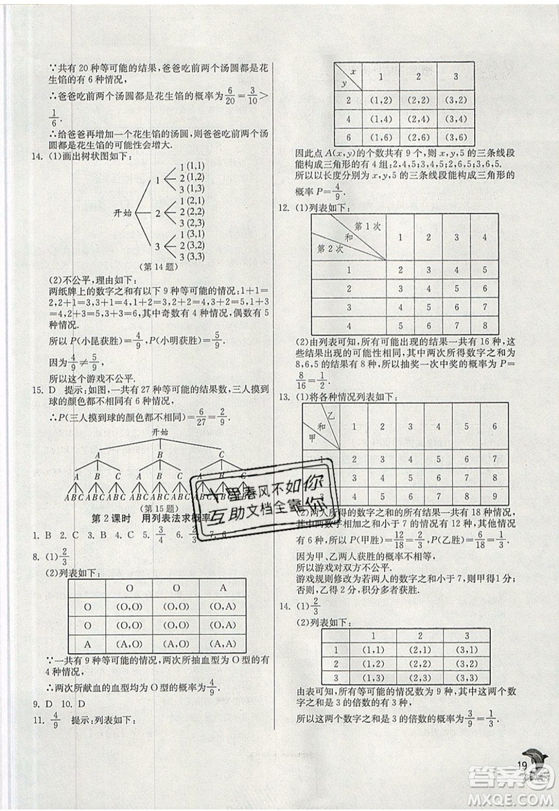 江蘇人民出版社春雨教育2019秋實驗班提優(yōu)訓(xùn)練九年級數(shù)學(xué)上冊BSD北師大版參考答案