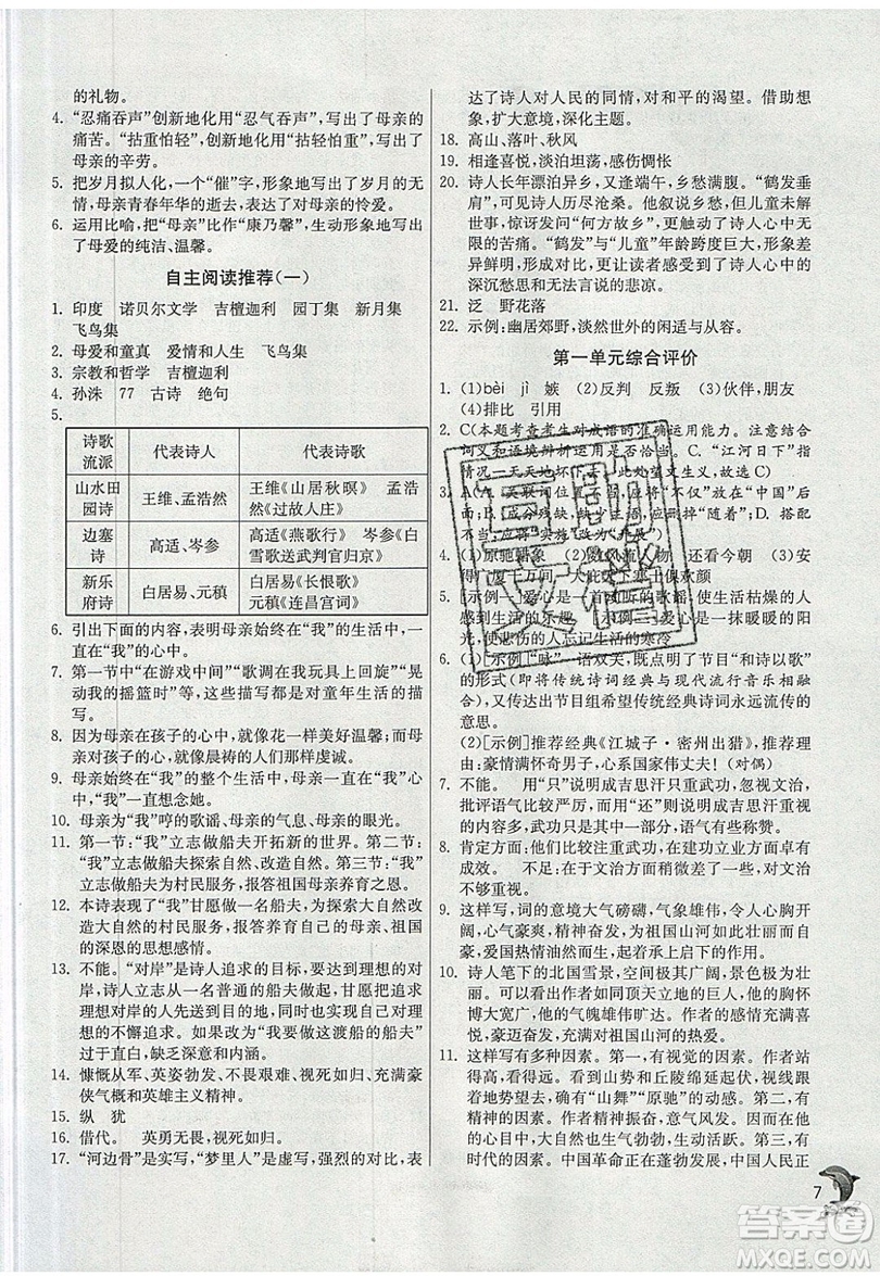 江蘇人民出版社春雨教育2019秋實驗班提優(yōu)訓(xùn)練九年級語文上冊RMJY人教版參考答案