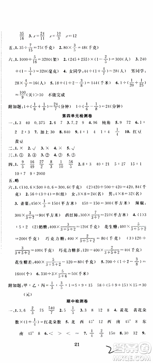 2019年學(xué)生課程精巧訓(xùn)練原創(chuàng)新課堂學(xué)練測數(shù)學(xué)六年級上冊RJ人教版參考答案