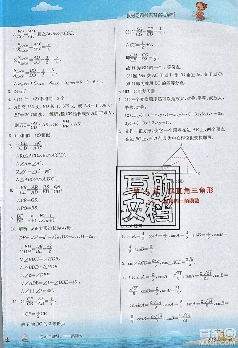 江蘇人民出版社2019春雨教育實驗班提優(yōu)課堂數(shù)學九年級上冊SHKJ滬科版參考答案