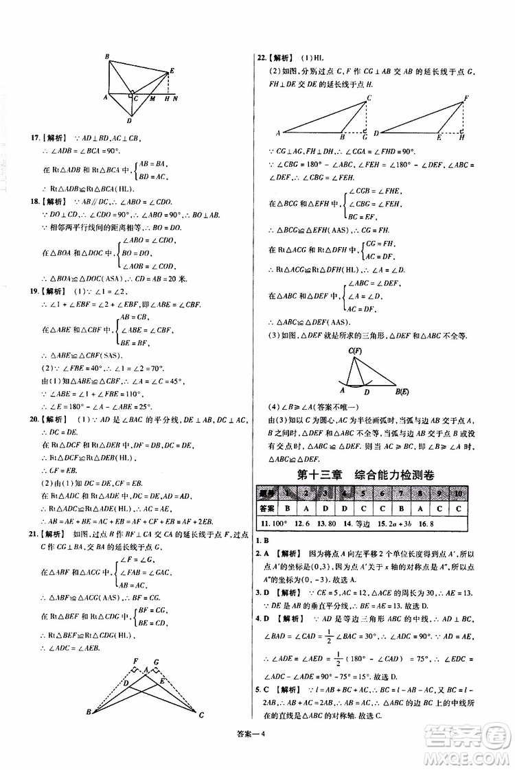 2020版一遍過單元綜合能力檢測(cè)卷八年級(jí)上冊(cè)數(shù)學(xué)RJ人教版參考答案