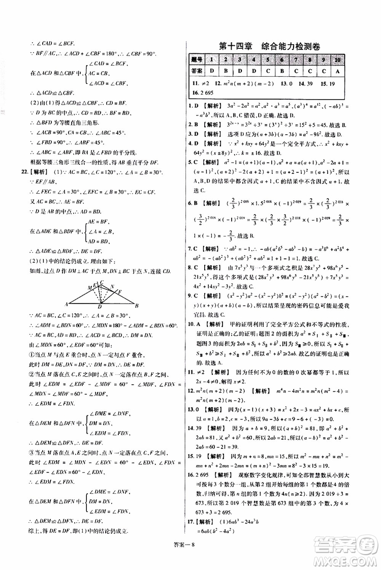 2020版一遍過單元綜合能力檢測(cè)卷八年級(jí)上冊(cè)數(shù)學(xué)RJ人教版參考答案