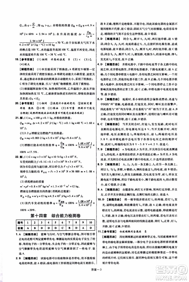 2020版一遍過單元綜合能力檢測卷九年級(jí)全一冊(cè)物理HK滬科版參考答案