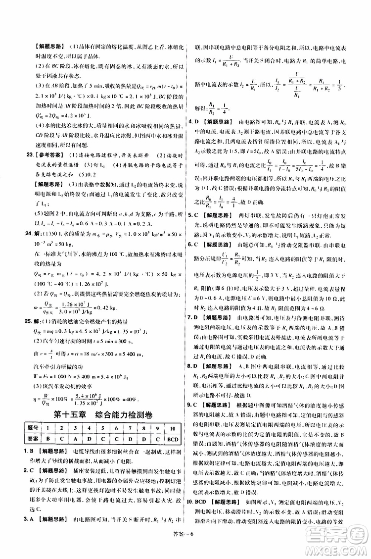 2020版一遍過單元綜合能力檢測卷九年級(jí)全一冊(cè)物理HK滬科版參考答案