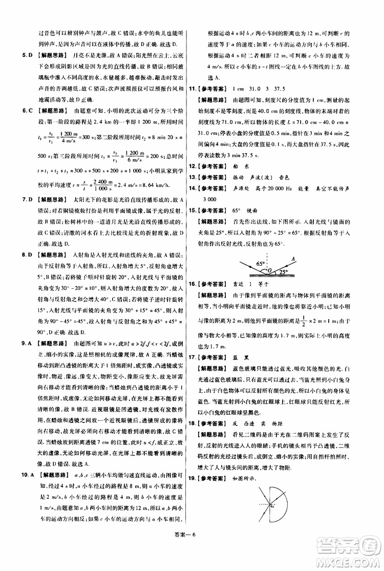 2020版一遍過單元綜合能力檢測卷八年級上冊物理HK滬科版參考答案