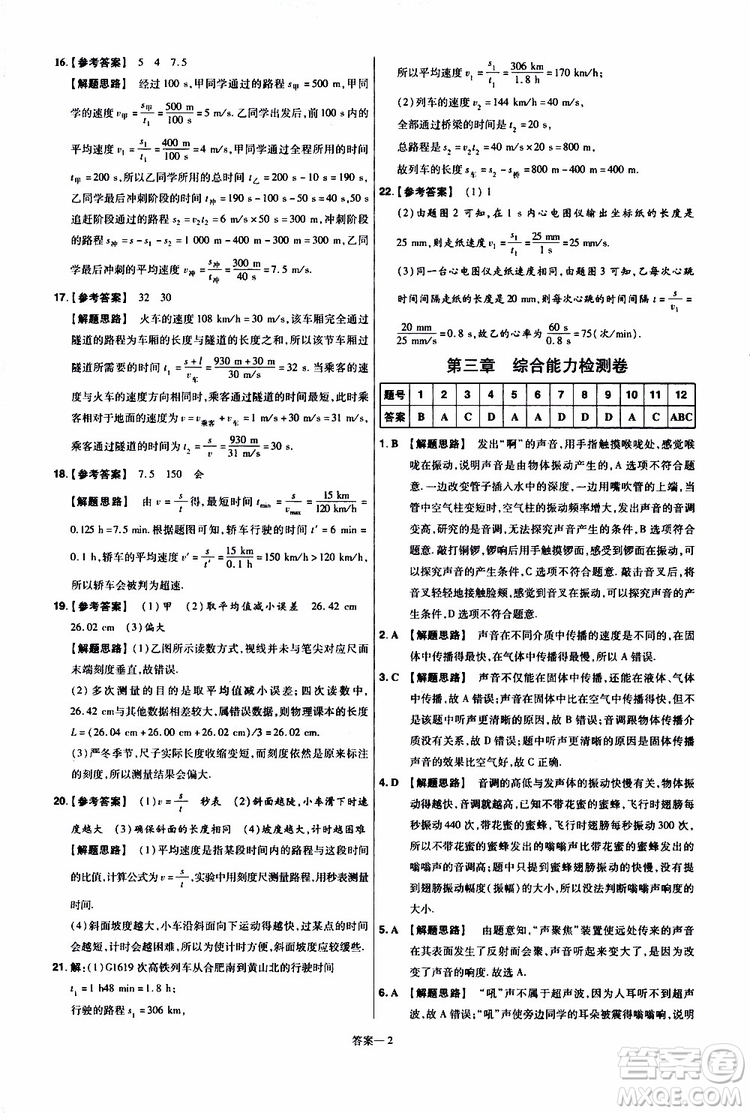 2020版一遍過單元綜合能力檢測卷八年級上冊物理HK滬科版參考答案