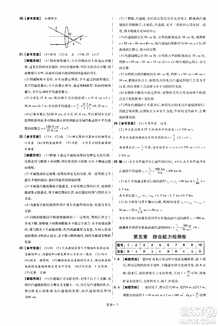 2020版一遍過單元綜合能力檢測卷八年級上冊物理HK滬科版參考答案