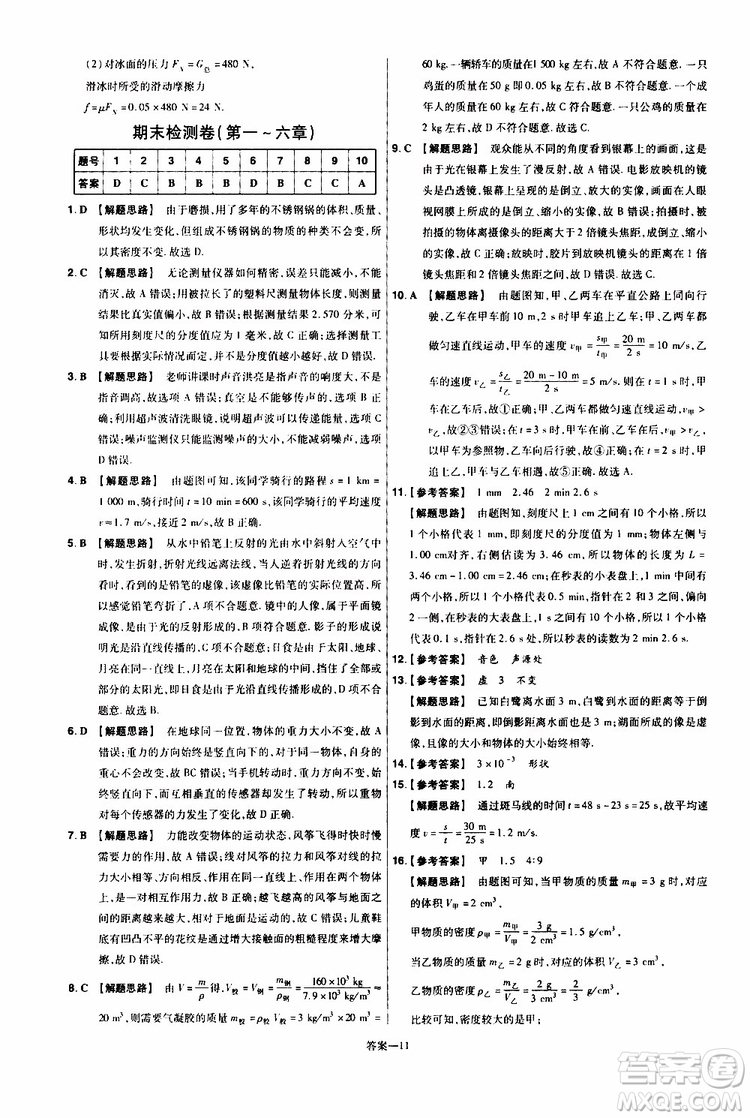 2020版一遍過單元綜合能力檢測卷八年級上冊物理HK滬科版參考答案