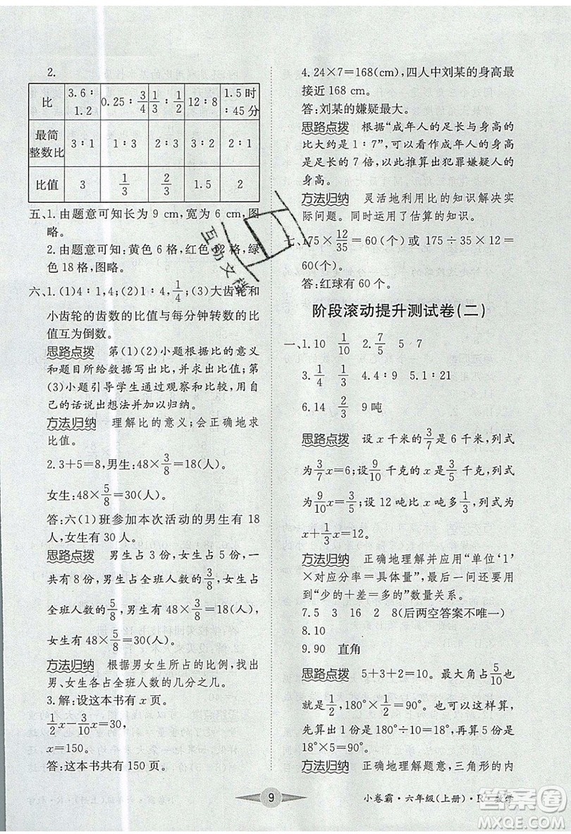 江西高校出版社2019金喵教育小卷霸六年級上冊數(shù)學(xué)參考答案