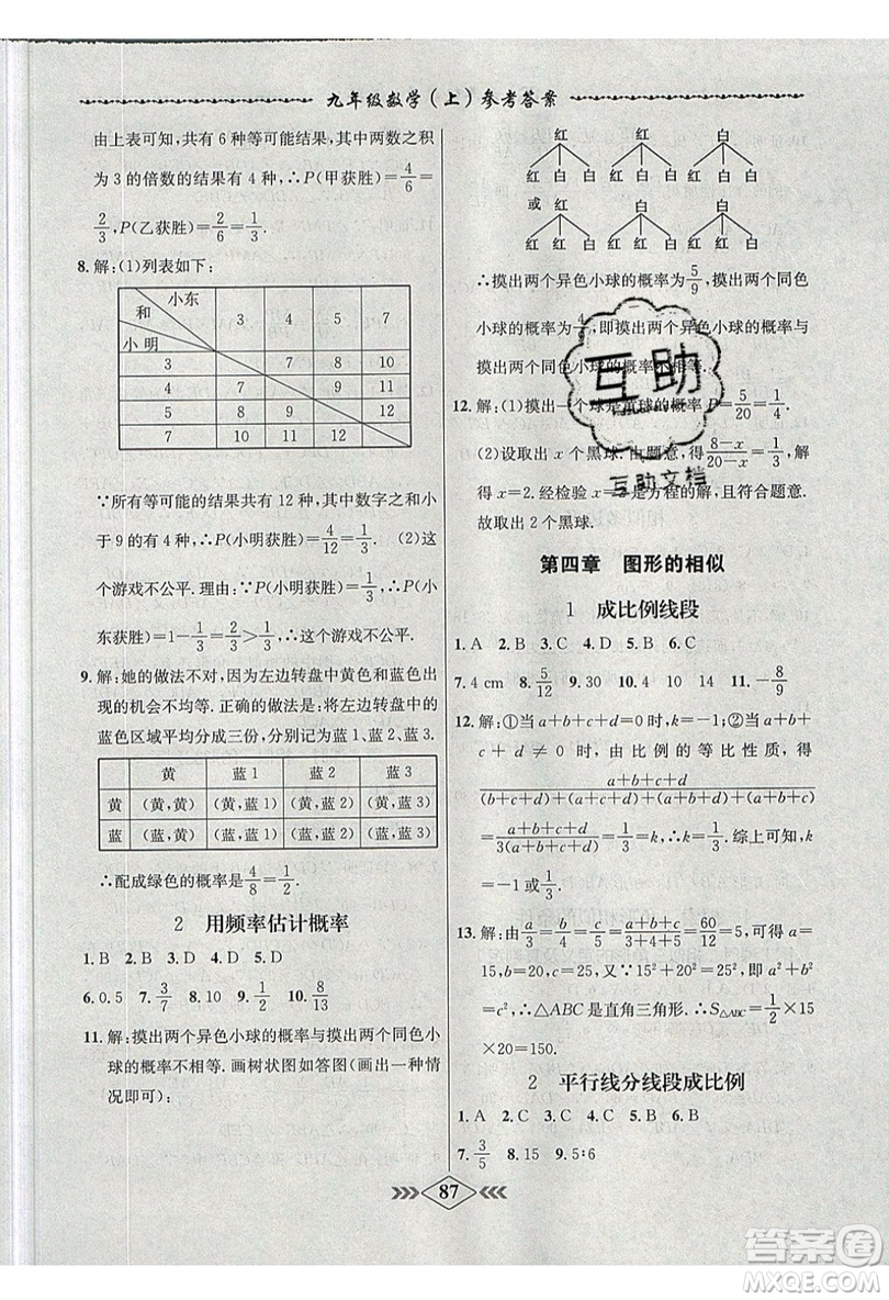 2019學(xué)霸刷題王8分鐘小考卷小考必刷題九年級(jí)數(shù)學(xué)上冊(cè)BS北師大版參考答案