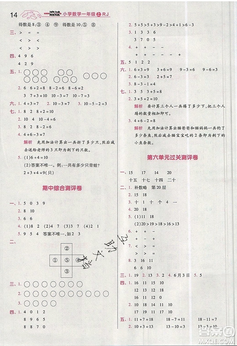 南京師范大學(xué)出版社天星教育2019一遍過小學(xué)數(shù)學(xué)一年級(jí)上冊(cè)RJ人教版參考答案