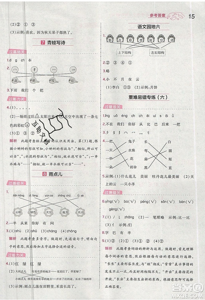 南京師范大學(xué)出版社天星教育2019一遍過小學(xué)語文一年級上冊人教RJ版參考答案