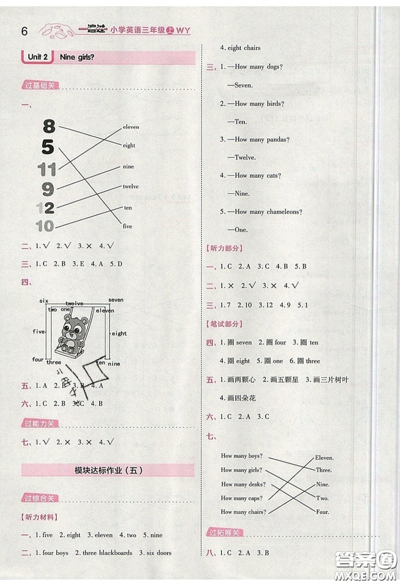 南京師范大學(xué)出版社天星教育2019一遍過小學(xué)英語(yǔ)三年級(jí)上冊(cè)WY外研版參考答案