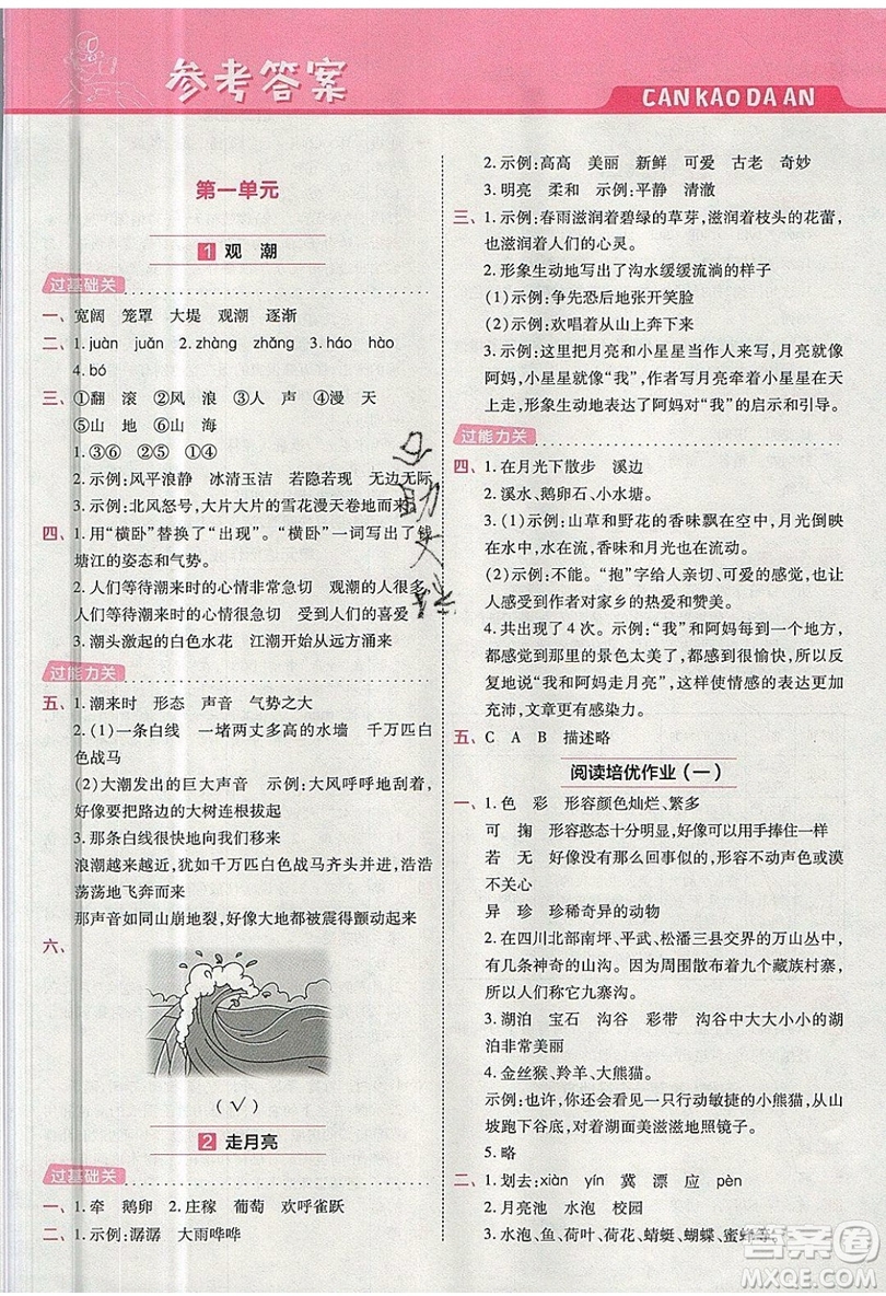 南京師范大學出版社天星教育2019一遍過小學語文四年級上冊人教RJ版參考答案