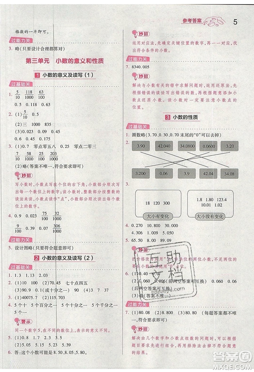 南京師范大學(xué)出版社天星教育2019一遍過小學(xué)數(shù)學(xué)五年級上冊蘇教SJ版參考答案