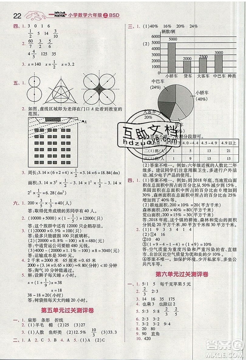 南京師范大學(xué)出版社天星教育2019一遍過小學(xué)數(shù)學(xué)六年級(jí)上冊(cè)BSD北師大版參考答案