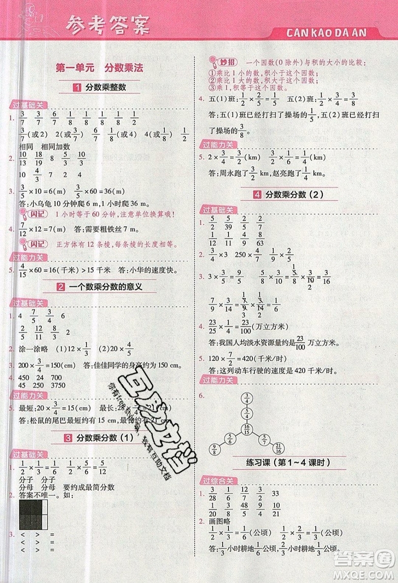 南京師范大學(xué)出版社天星教育2019一遍過小學(xué)數(shù)學(xué)六年級(jí)上冊人教RJ版參考答案