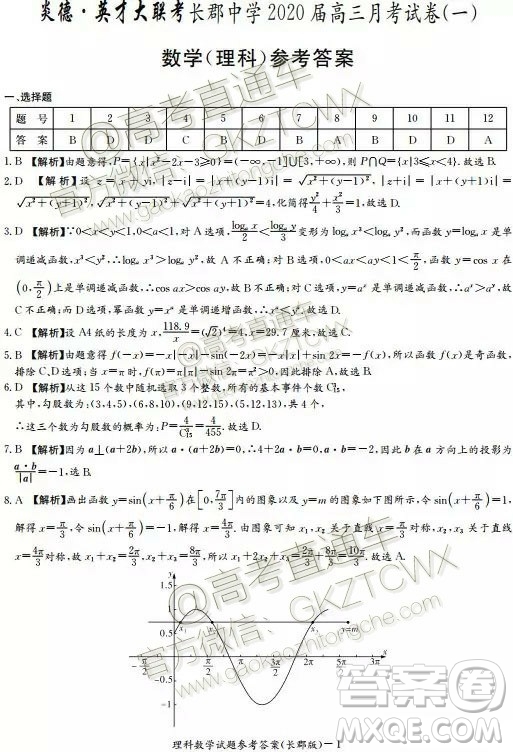 炎德英才大聯(lián)考長郡中學(xué)2020屆高三月考試卷一理數(shù)試題及答案