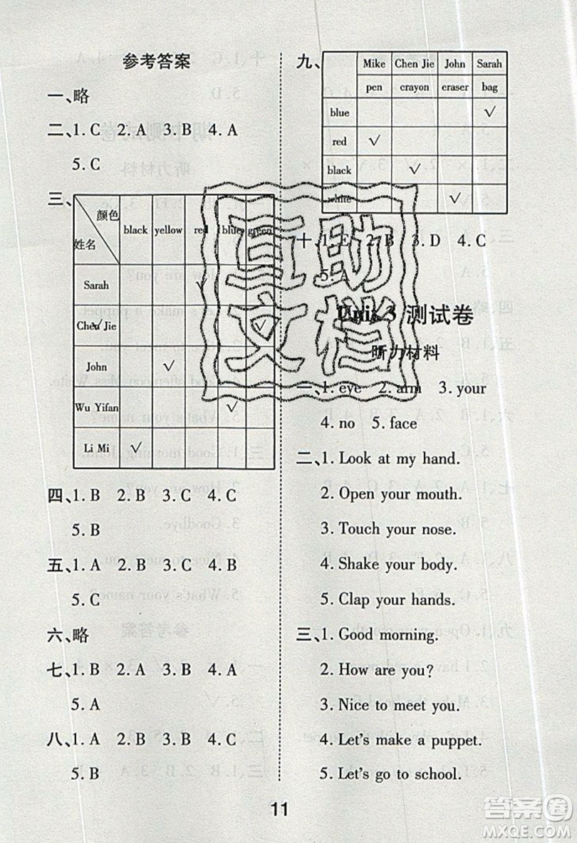 榮恒教育2019秋黃岡課課練英語(yǔ)三年級(jí)上冊(cè)RJ人教版參考答案