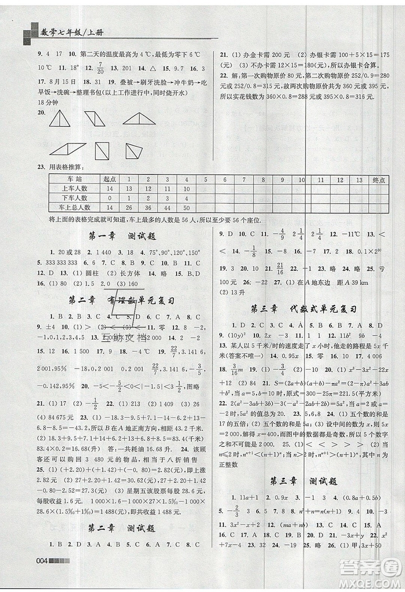 東南大學(xué)出版社2019新版金3練數(shù)學(xué)七年級(jí)上冊(cè)江蘇版參考答案