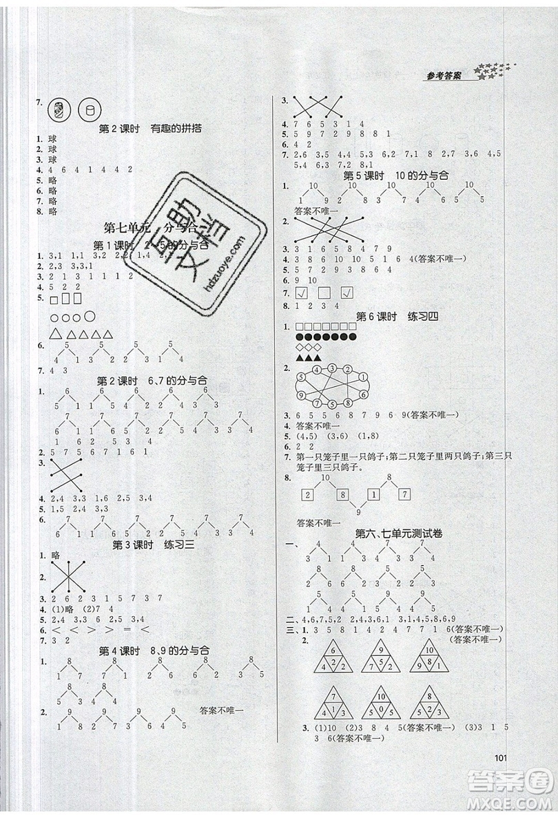 2019秋金3練課堂作業(yè)實驗提高訓(xùn)練數(shù)學(xué)一年級上冊新課標(biāo)江蘇版參考答案