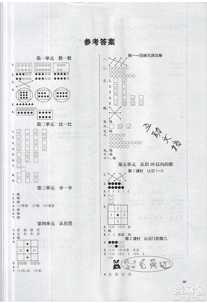 2019秋金3練課堂作業(yè)實驗提高訓(xùn)練數(shù)學(xué)一年級上冊新課標(biāo)江蘇版參考答案