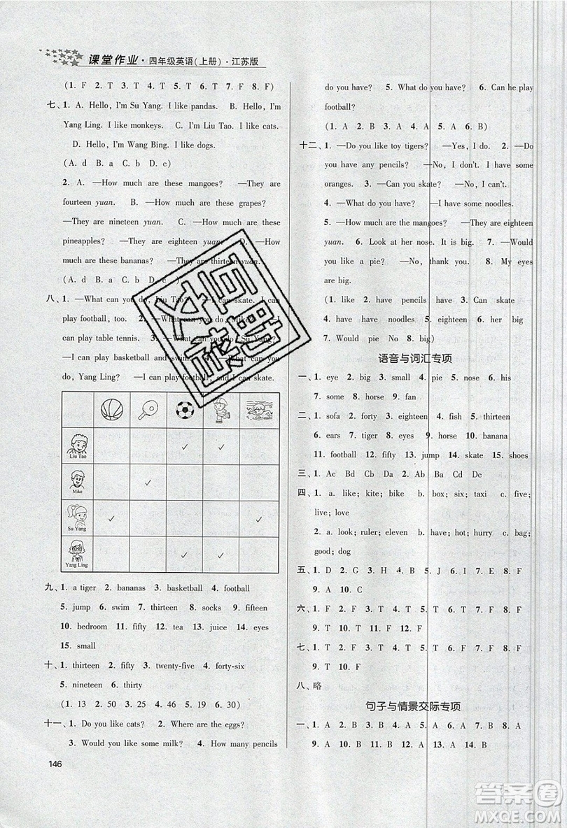 2019秋金3練課堂作業(yè)實驗提高訓練英語四年級上冊新課標江蘇版參考答案