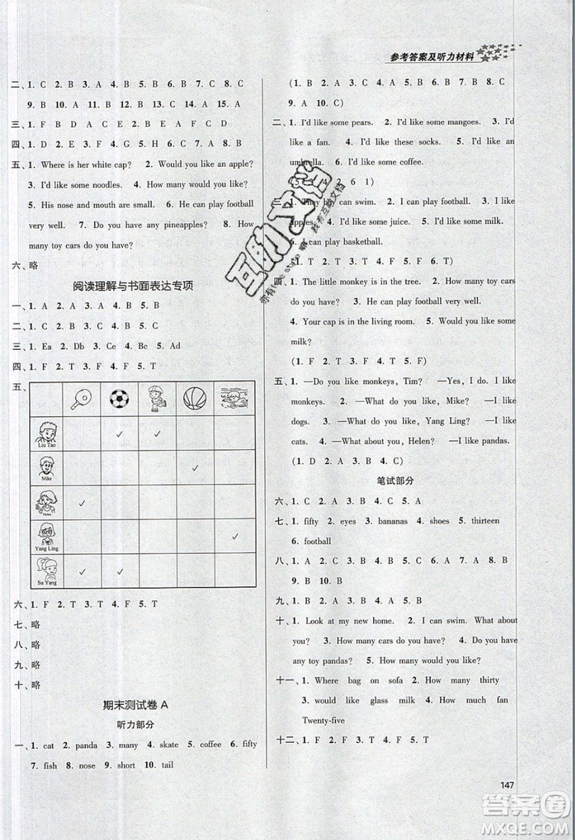 2019秋金3練課堂作業(yè)實驗提高訓練英語四年級上冊新課標江蘇版參考答案