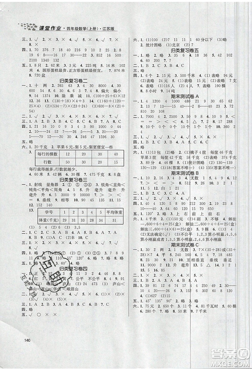 2019秋金3練課堂作業(yè)實(shí)驗(yàn)提高訓(xùn)練數(shù)學(xué)四年級(jí)上冊(cè)新課標(biāo)江蘇版參考答案