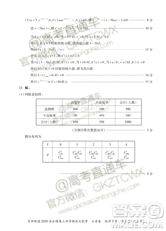 百師聯(lián)盟2020屆全國(guó)高三開(kāi)學(xué)摸底大聯(lián)考山東卷數(shù)學(xué)試題及答案