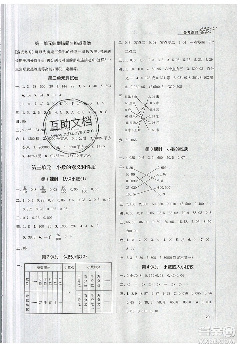 2019秋金3練課堂作業(yè)實驗提高訓練數(shù)學五年級上冊新課標江蘇版參考答案