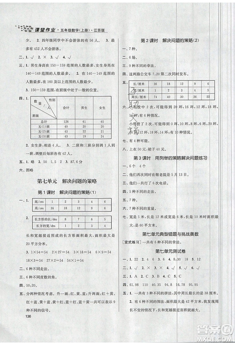 2019秋金3練課堂作業(yè)實驗提高訓練數(shù)學五年級上冊新課標江蘇版參考答案