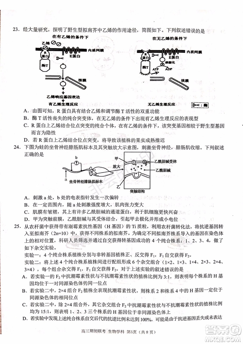 2019學(xué)年第一學(xué)期浙江七彩陽光聯(lián)盟期初聯(lián)考生物試題及答案