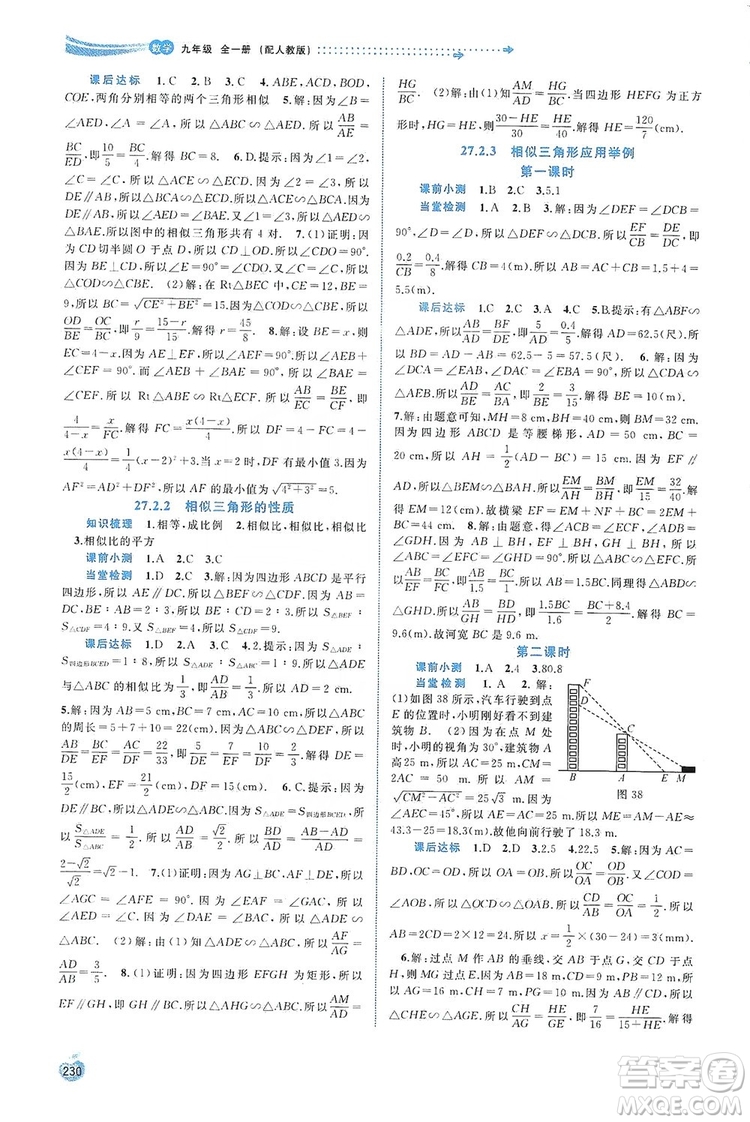 2019新課程學(xué)習(xí)與測評(píng)同步學(xué)習(xí)數(shù)學(xué)九年級(jí)全一冊(cè)人教版答案