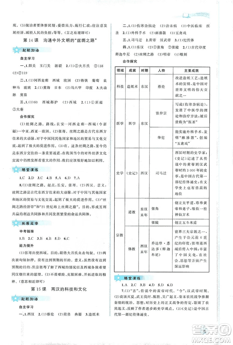 2019新課程學習與測評同步學習七年級中國歷史上冊人教版答案