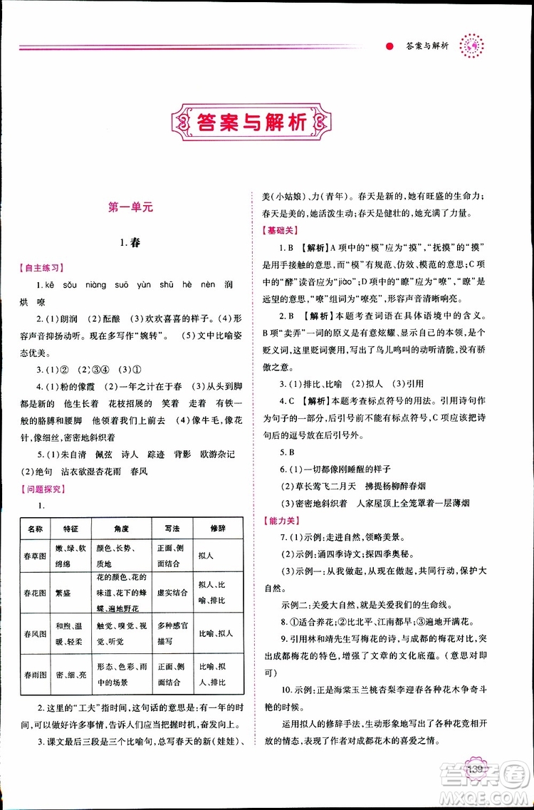 公告目錄教輔2019年績優(yōu)學案七年級上冊語文人教版參考答案