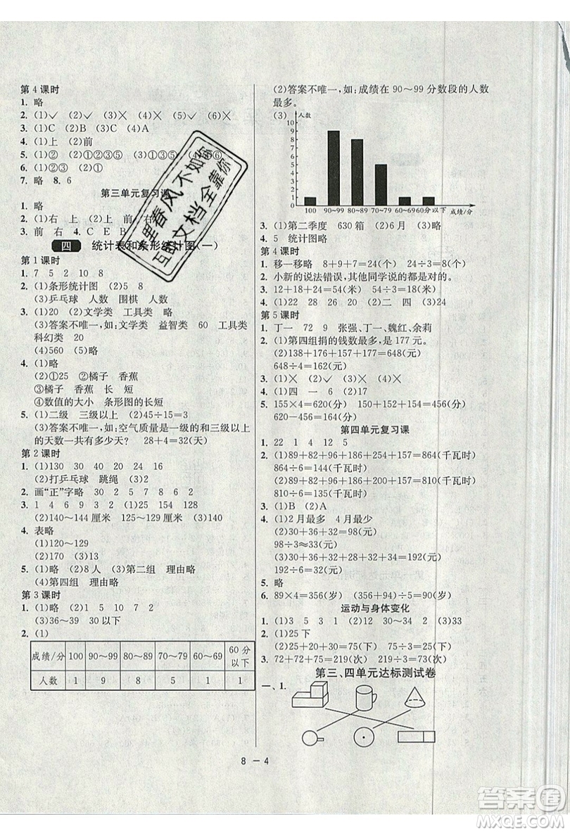 2019春雨教育1課3練單元達標測試數(shù)學(xué)四年級上冊JSJY蘇教版參考答案