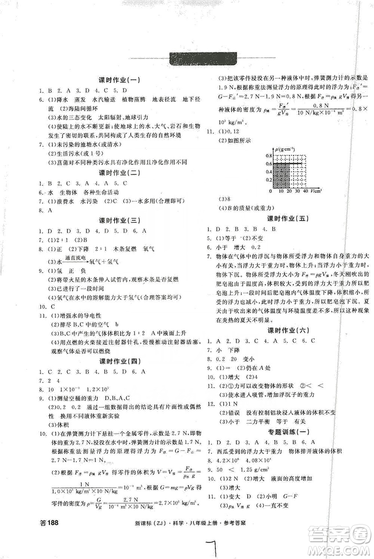 2019全品學(xué)練考作業(yè)手冊(cè)八年級(jí)科學(xué)上冊(cè)浙教版答案