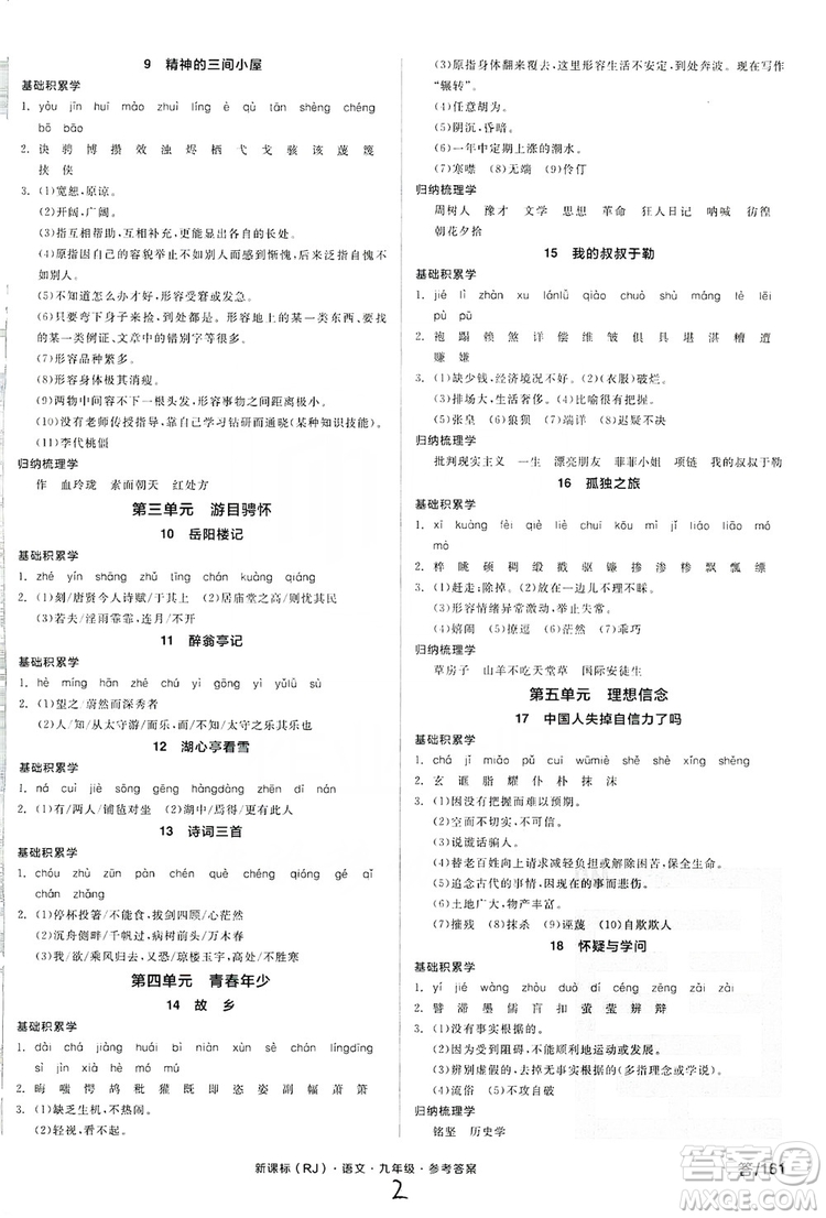 陽(yáng)光出版社2019全品學(xué)練考學(xué)習(xí)手冊(cè)九年級(jí)語(yǔ)文上冊(cè)浙江人教版答案