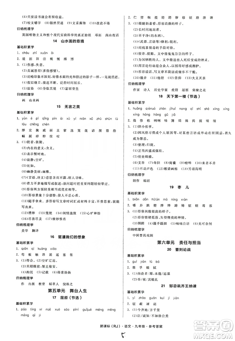 陽(yáng)光出版社2019全品學(xué)練考學(xué)習(xí)手冊(cè)九年級(jí)語(yǔ)文上冊(cè)浙江人教版答案