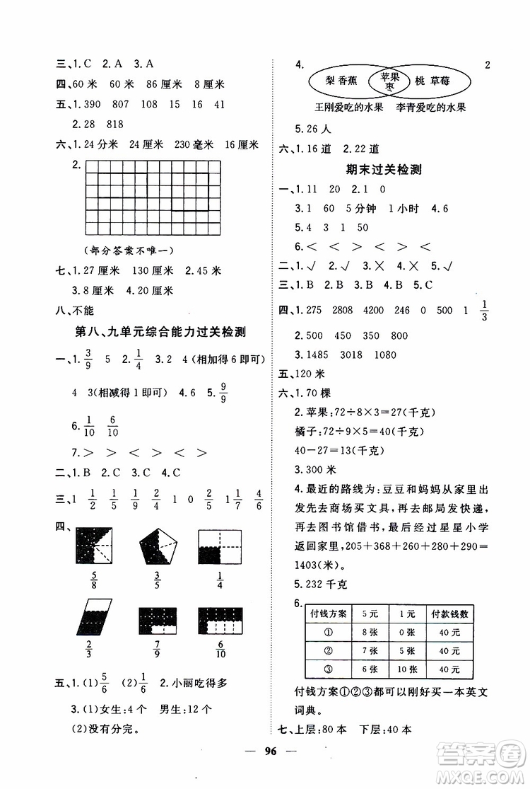 2019秋課時特訓(xùn)優(yōu)化作業(yè)本數(shù)學(xué)三年級上冊R人教版參考答案