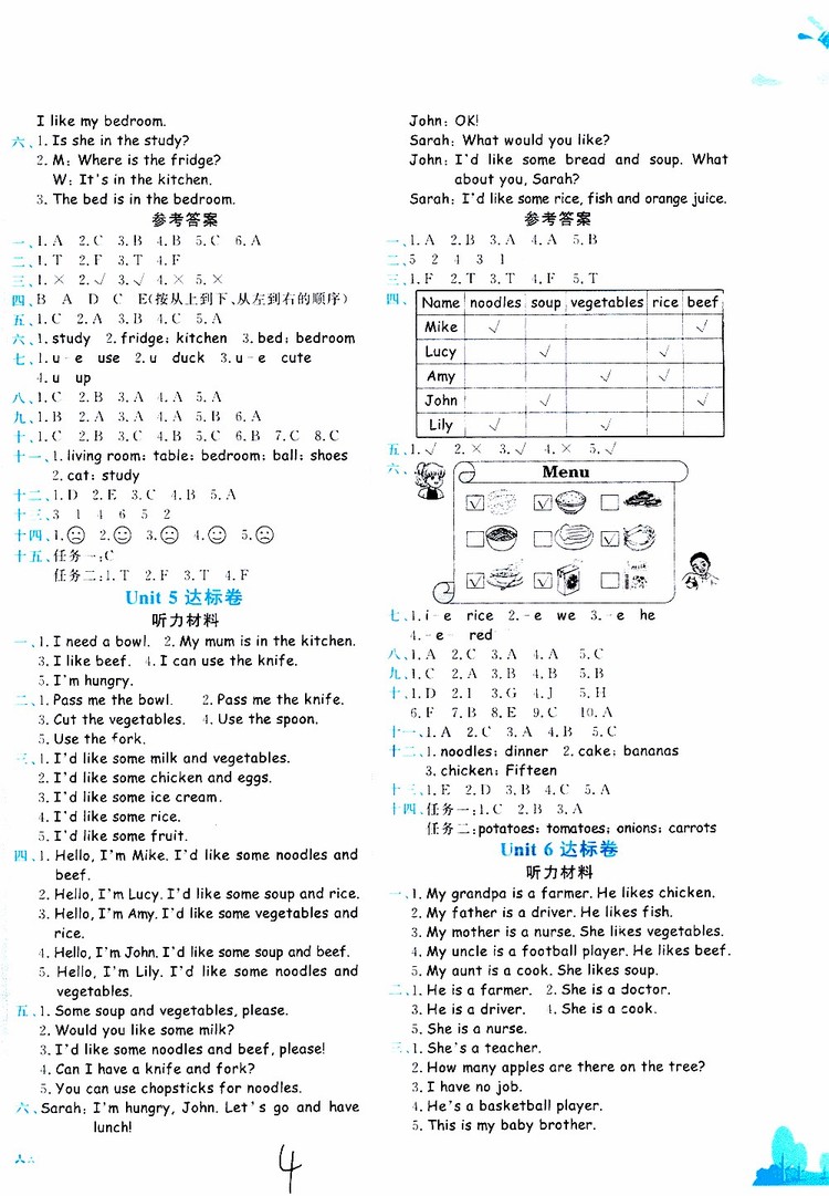 2019秋新版黃岡小狀元達標卷英語四年級上冊RP人教版參考答案